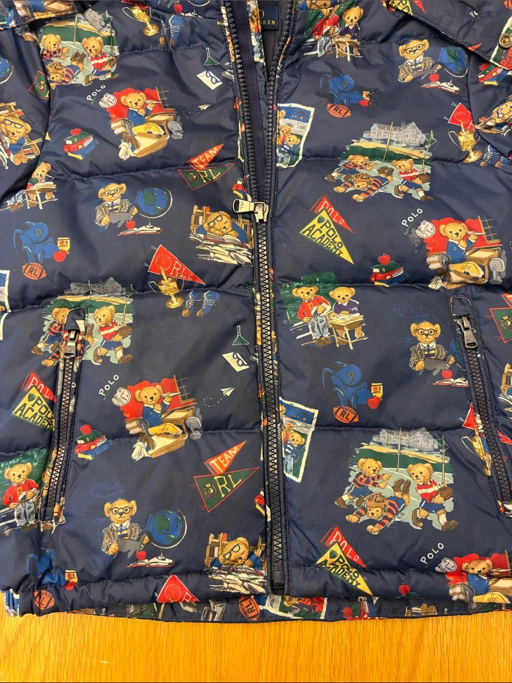 Ralph Lauren Polo Hooded Kids Puffer Down Jacket with Polo Bear Print, Size 6